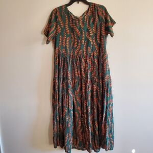 YESNO Floral Fern Pattern Brown Green 100% Cotton Midi Dress Size Medium
